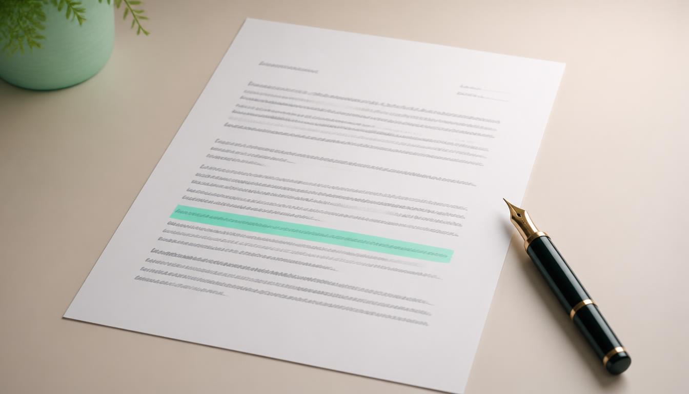 3D render of a paper contract on a desk with one clause highlighted in mint green and a fountain pen resting beside it