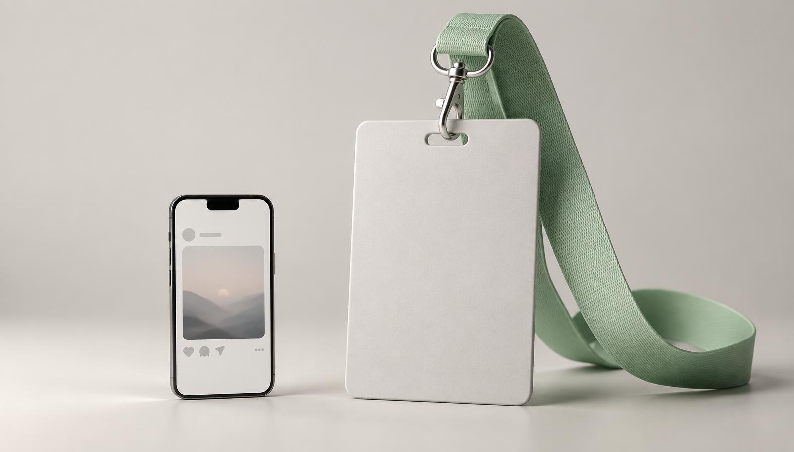 3D render of a small smartphone showing a blank social post beside a much larger festival lanyard pass with a mint-green strap