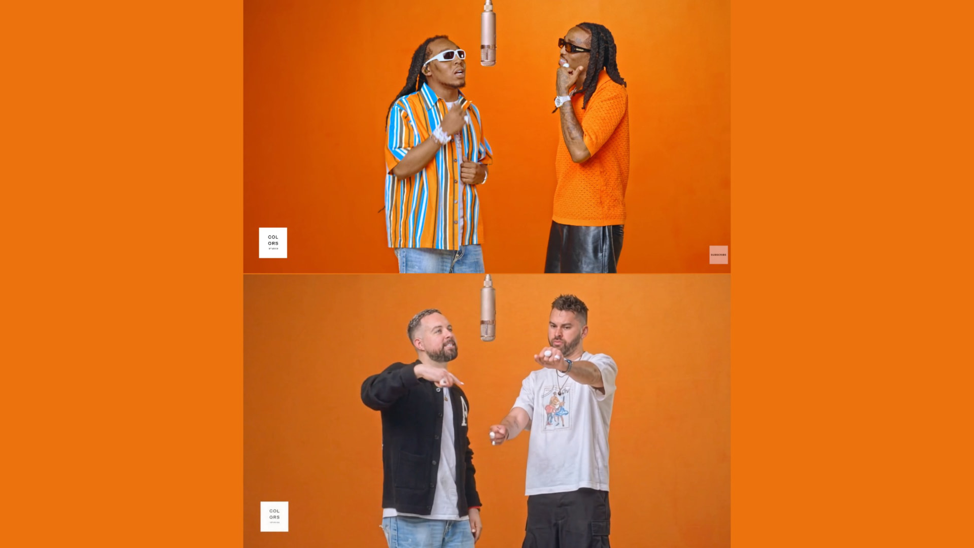 Two stacked stills from the orange COLORS studio: Quavo and Takeoff performing Hotel Lobby above an AI face-swapped version with two different men in the same poses